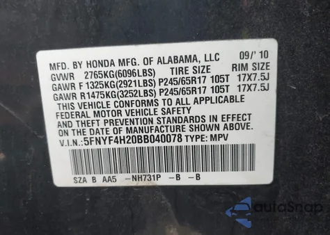 2011 Honda Pilot Lx z USA, uszkodzony, nr VIN 5FNYF4H20BB040078